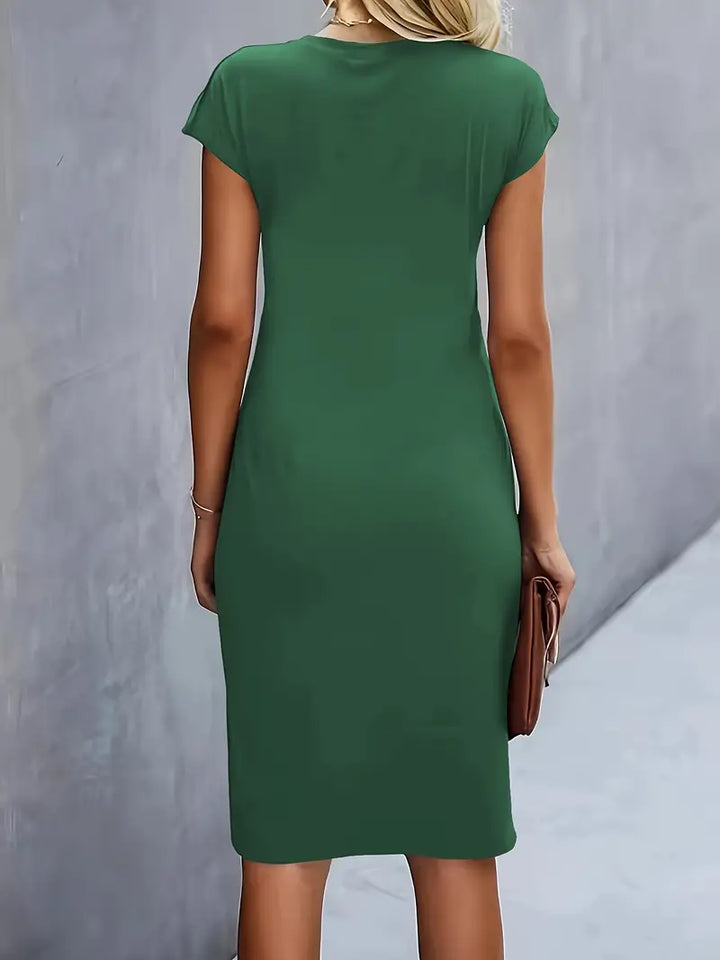 Women's Fitted Midi Dress Soft Breathable – Round Neck Tailored Style