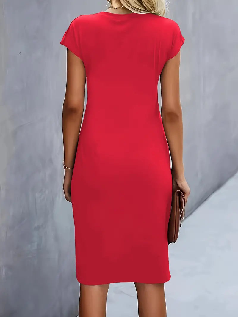 Women's Fitted Midi Dress Soft Breathable – Round Neck Tailored Style