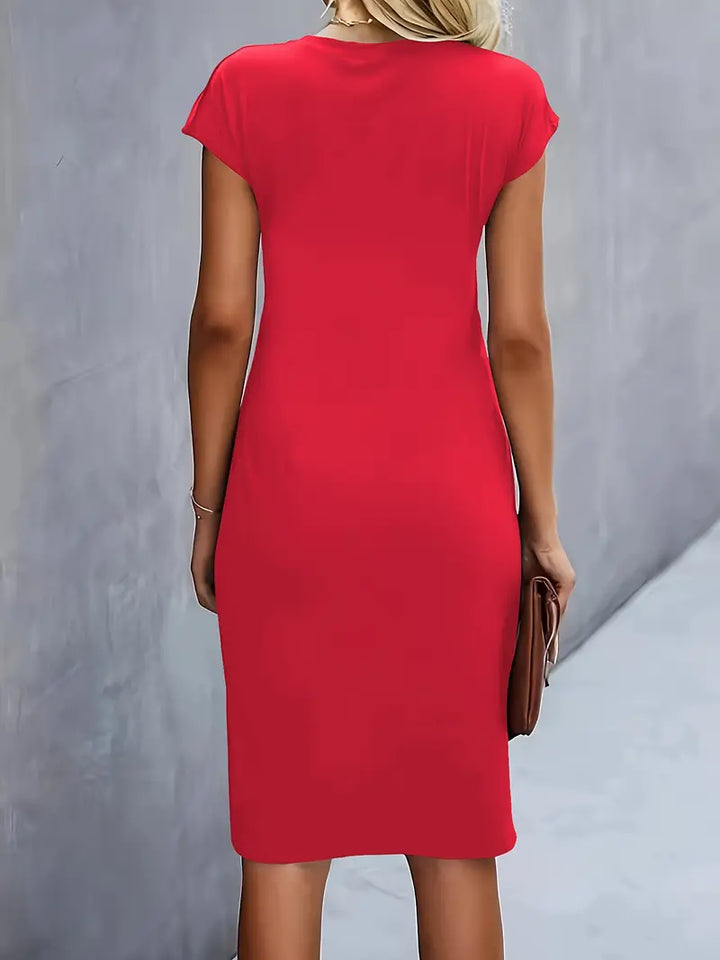 Women's Fitted Midi Dress Soft Breathable – Round Neck Tailored Style