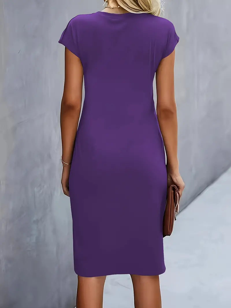Women's Fitted Midi Dress Soft Breathable – Round Neck Tailored Style