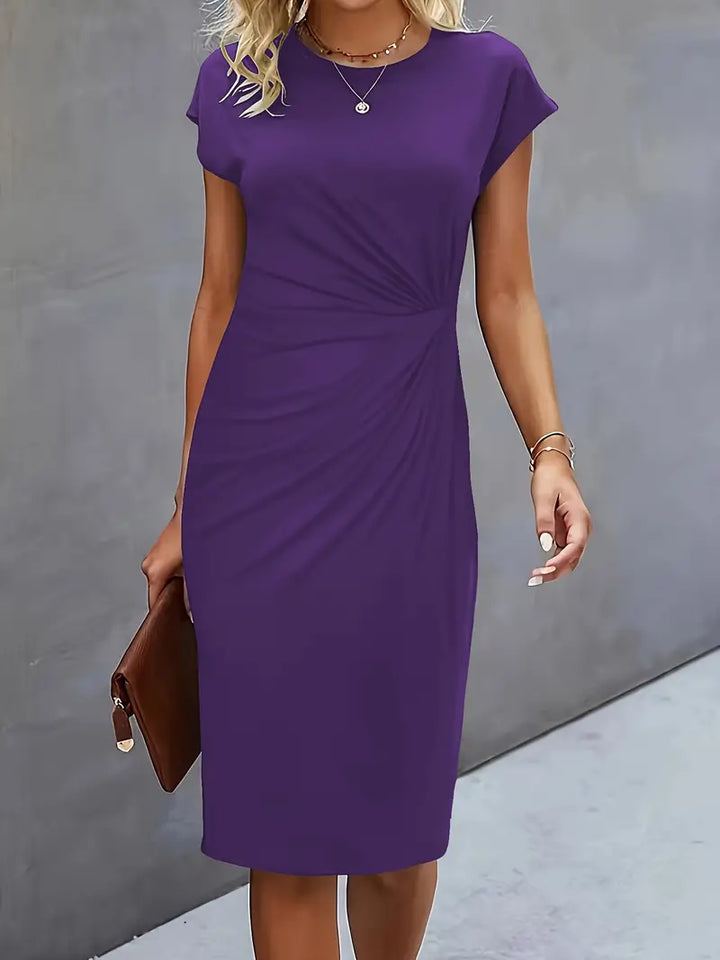 Women's Fitted Midi Dress Soft Breathable – Round Neck Tailored Style