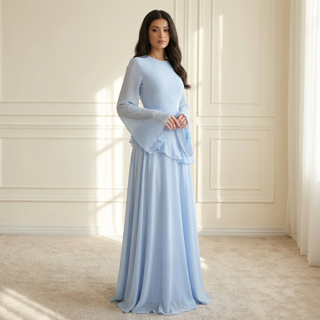 flared ruffle dress Flowy Maxi – Elegant Sleeves, Fluid Drape & Elongating Silhouette for Women Icon Color:navy-blue in Size 0 Cute champagne lace short