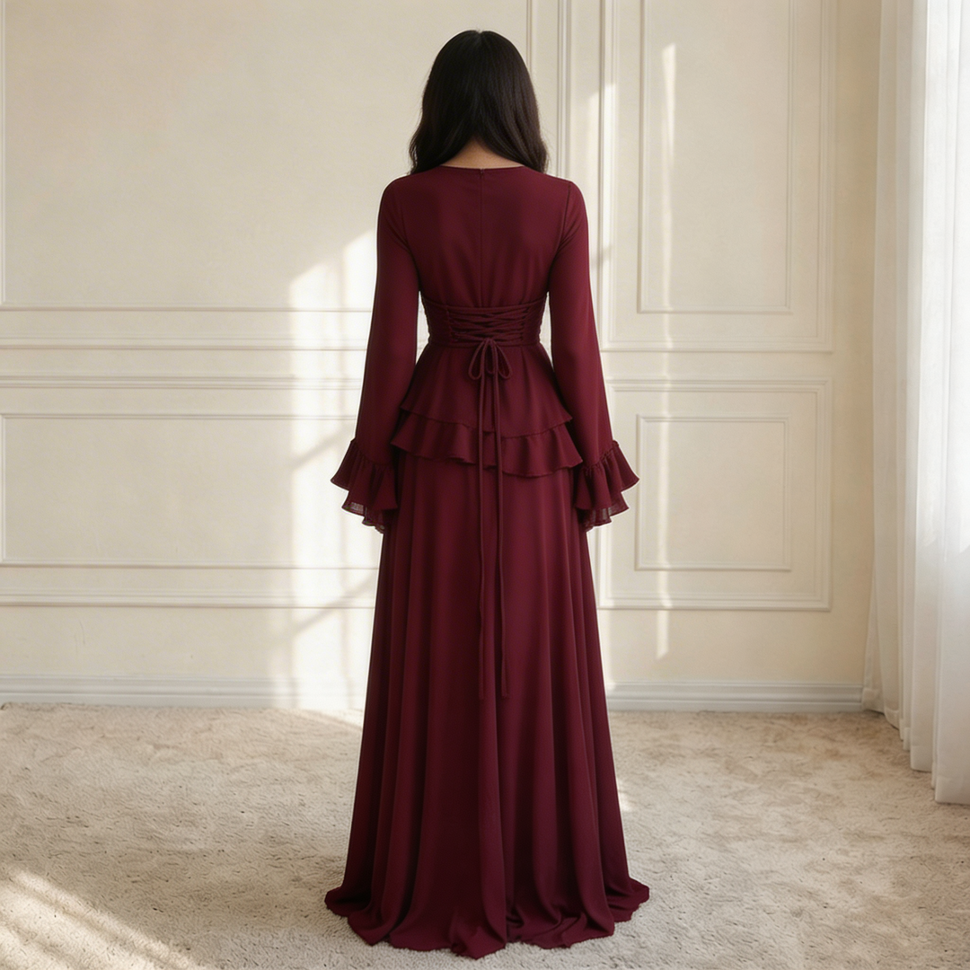 Maxi Dress – Flowy Ruffle Detail & Elegant Flared Silhouette