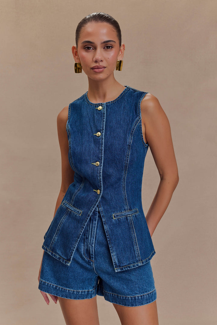Denim Two Piece Set – Tailored Waistcoat & High-Waisted Shorts