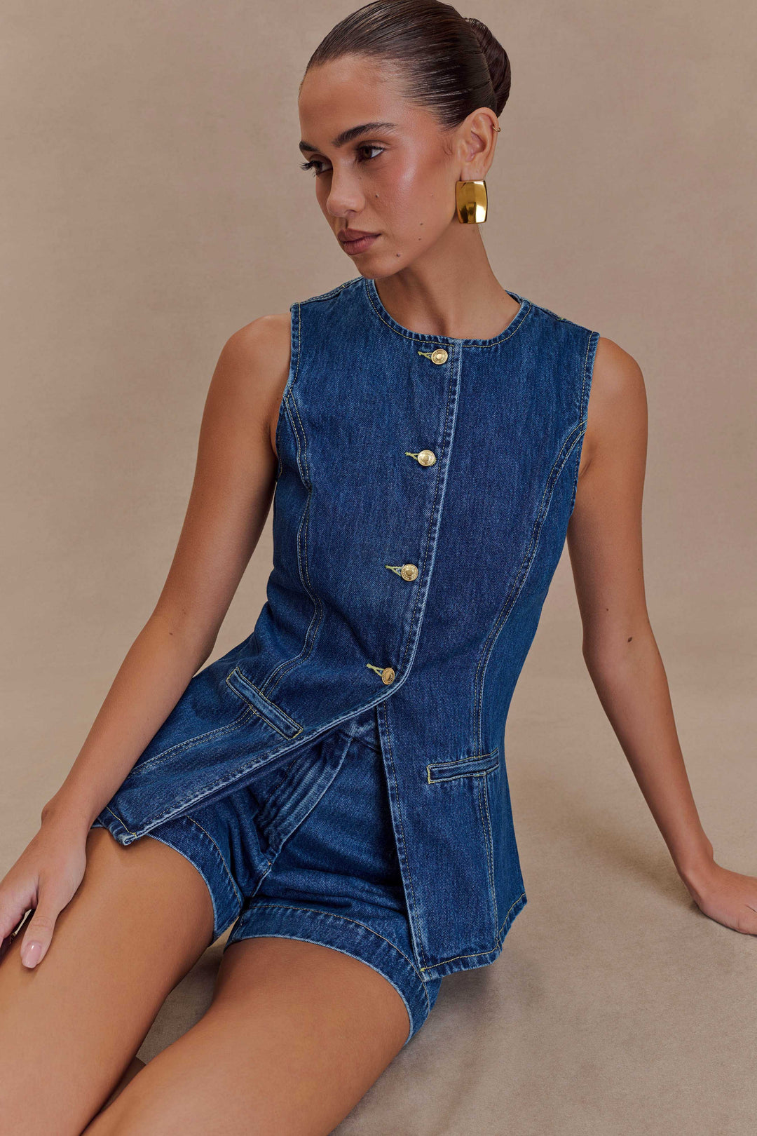 Denim Two Piece Set – Tailored Waistcoat & High-Waisted Shorts