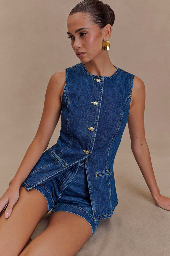 Denim Two Piece Set – Tailored Waistcoat & High-Waisted Shorts