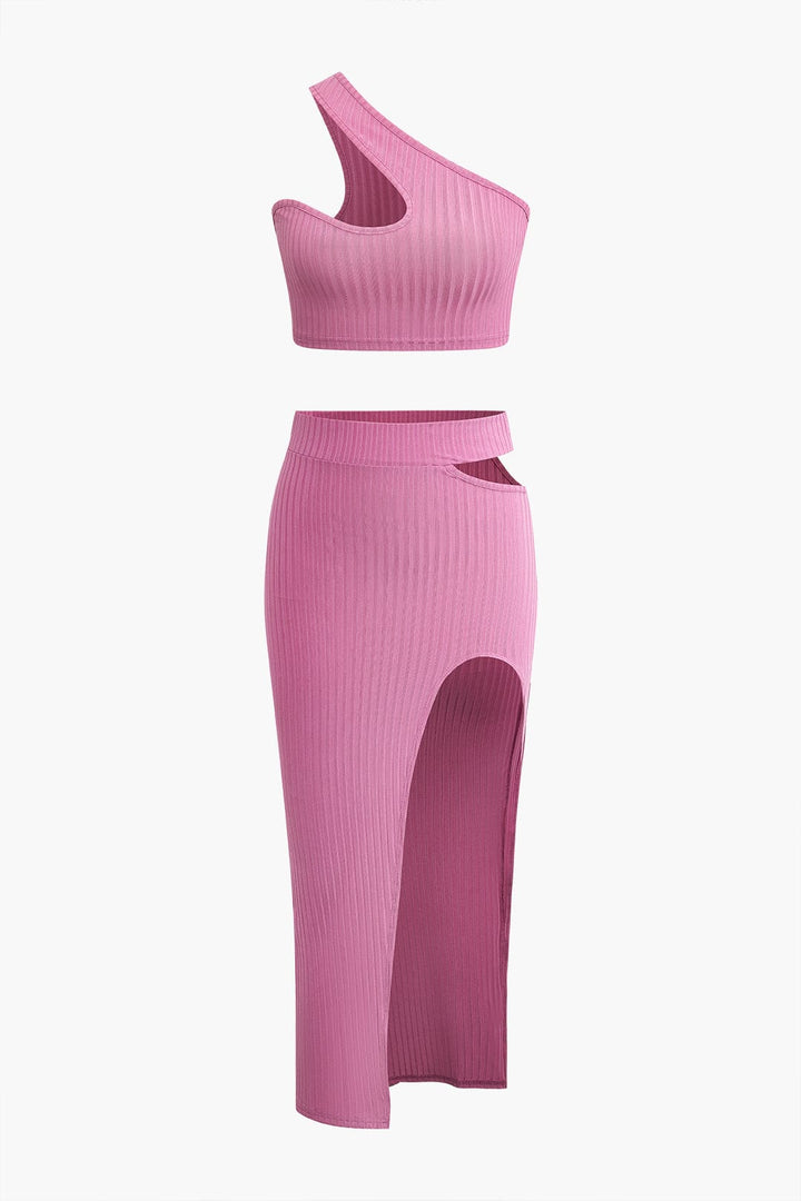 Two Piece Skirt Set – One-Shoulder Cutout Top & Side Slit Skirt