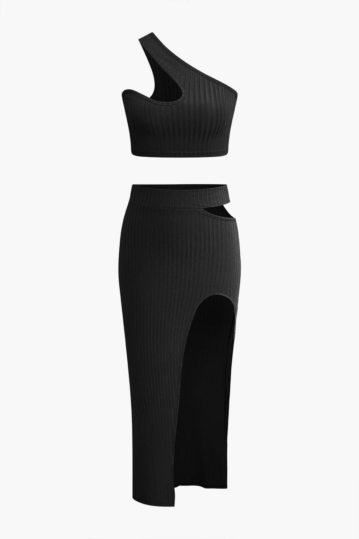 Two Piece Skirt Set – One-Shoulder Cutout Top & Side Slit Skirt