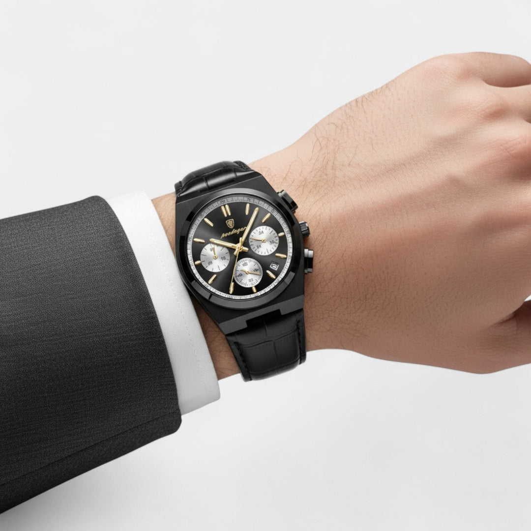Men's Leather Strap Quartz Chronograph Watch – 41mm Dress Watch
