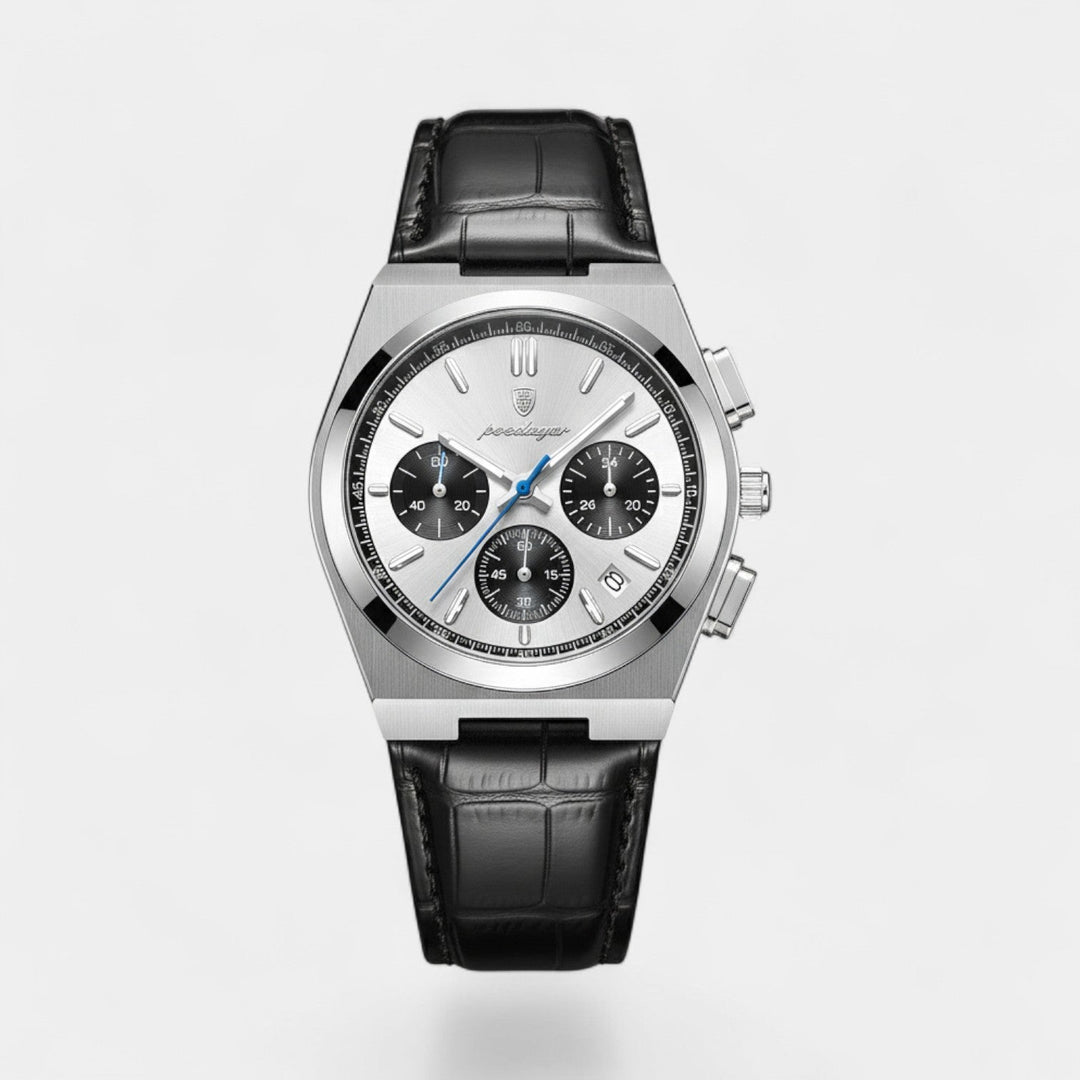 Men's Leather Strap Quartz Chronograph Watch – 41mm Dress Watch