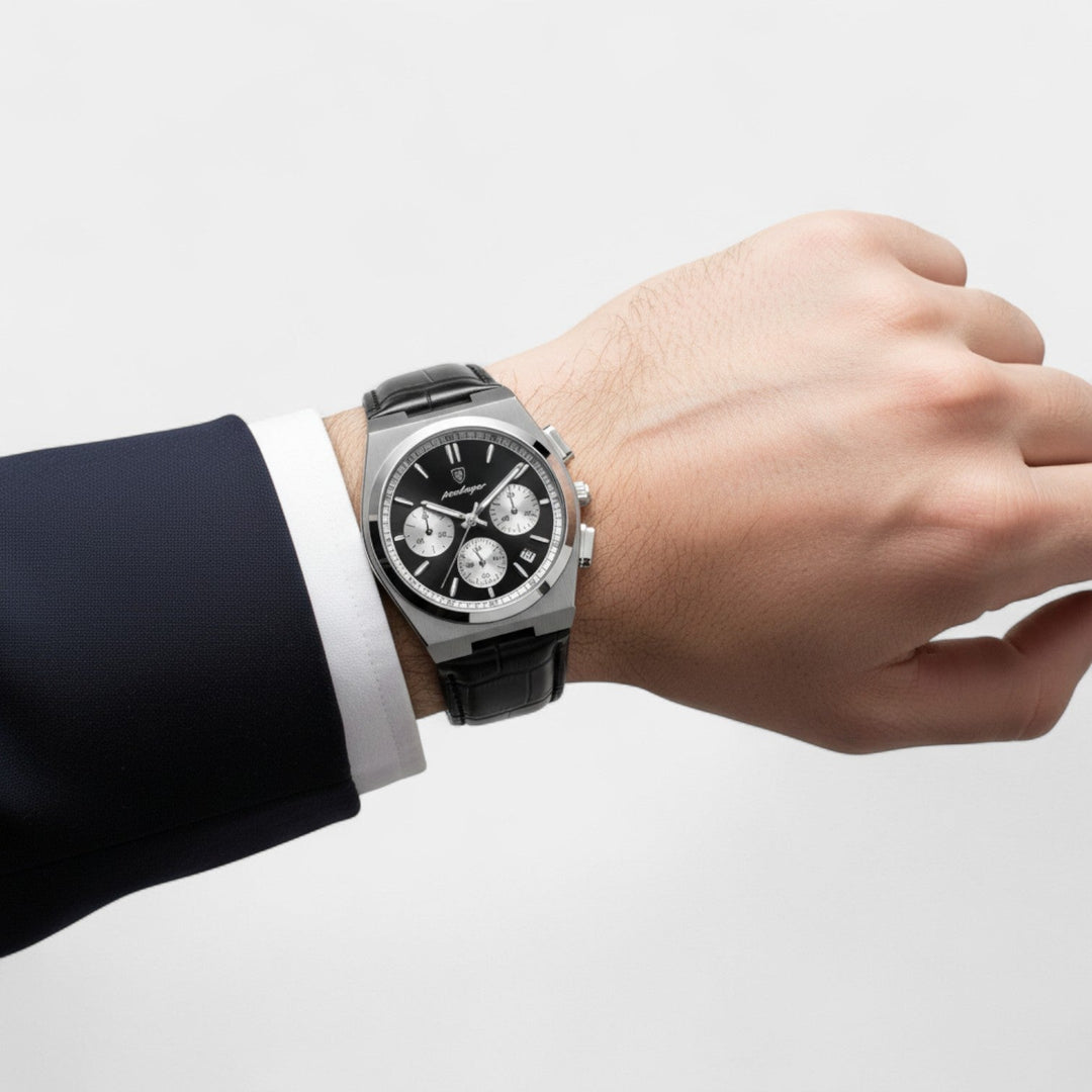 Men's Leather Strap Quartz Chronograph Watch – 41mm Dress Watch