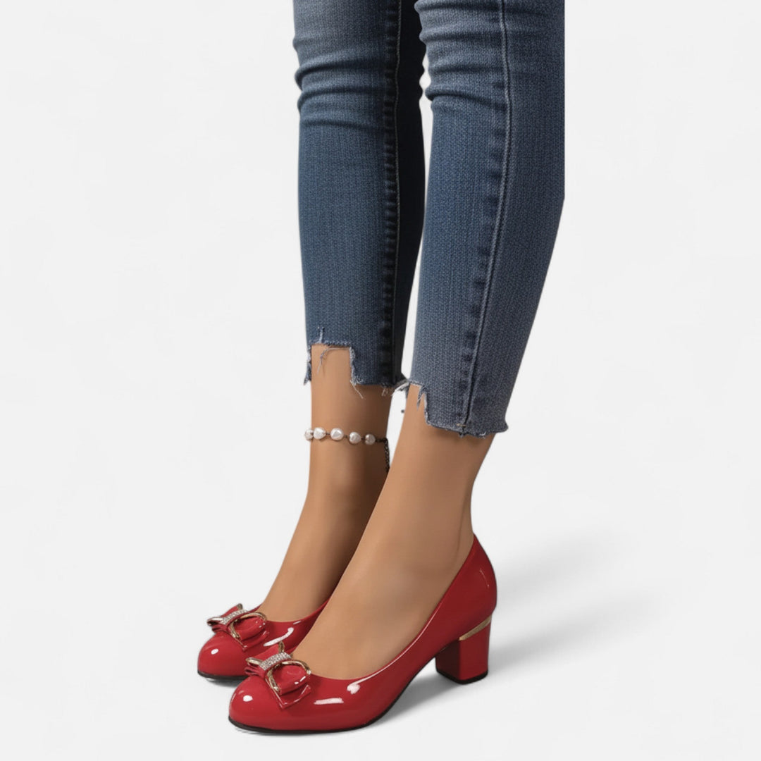 Patent Leather Block Heels – Glossy Bow Accent Round Toe