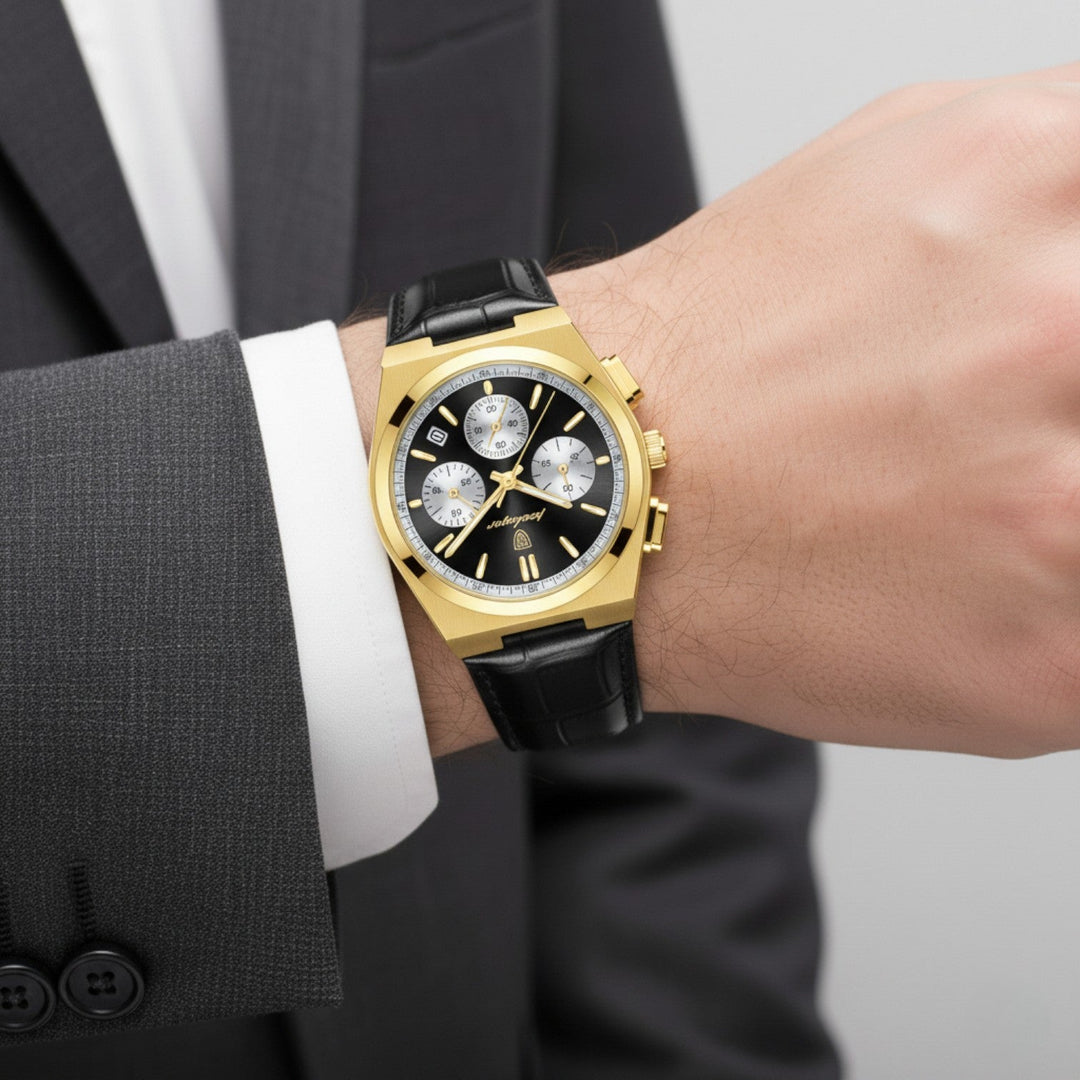 Men's Leather Strap Quartz Chronograph Watch – 41mm Dress Watch
