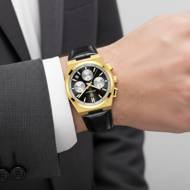 Men's Leather Strap Quartz Chronograph Watch – 41mm Dress Watch