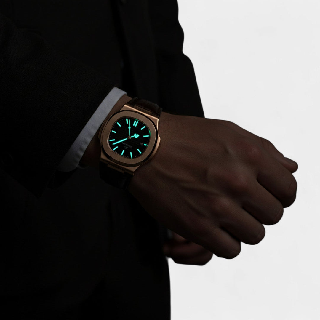 Men's Leather Strap Quartz Watch – Luminous Dial Waterproof 40mm