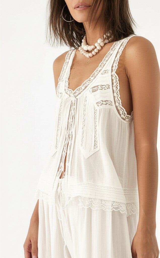 Women's Cotton Lace-Trim Two-Piece Set – Tank Top Wide-Leg Pants