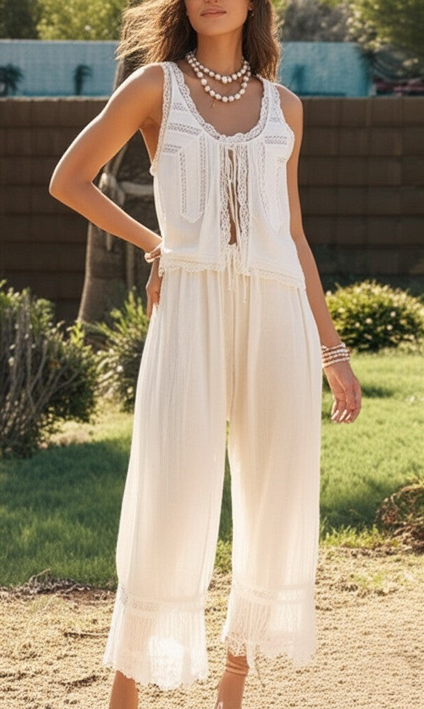 Women's Cotton Lace-Trim Two-Piece Set – Tank Top Wide-Leg Pants