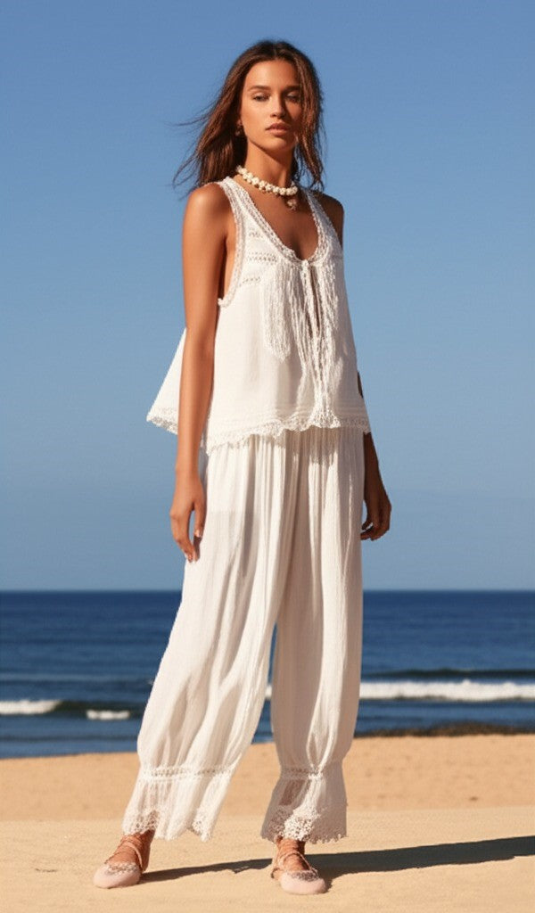 Women's Cotton Lace-Trim Two-Piece Set – Tank Top Wide-Leg Pants