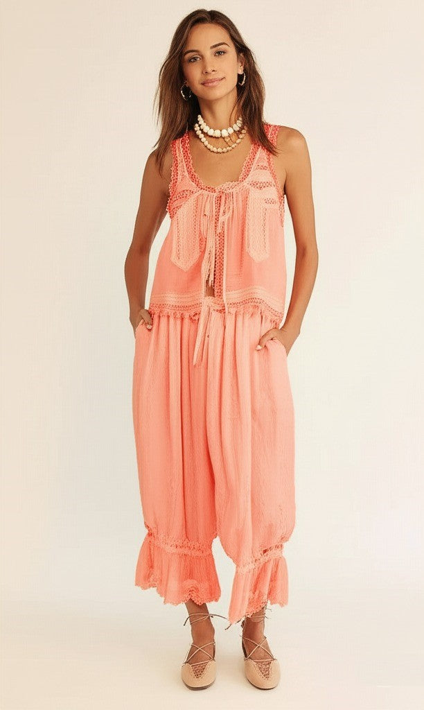 Women's Cotton Lace-Trim Two-Piece Set – Tank Top Wide-Leg Pants
