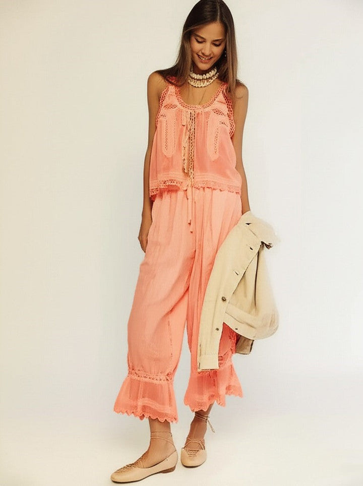 Women's Cotton Lace-Trim Two-Piece Set – Tank Top Wide-Leg Pants
