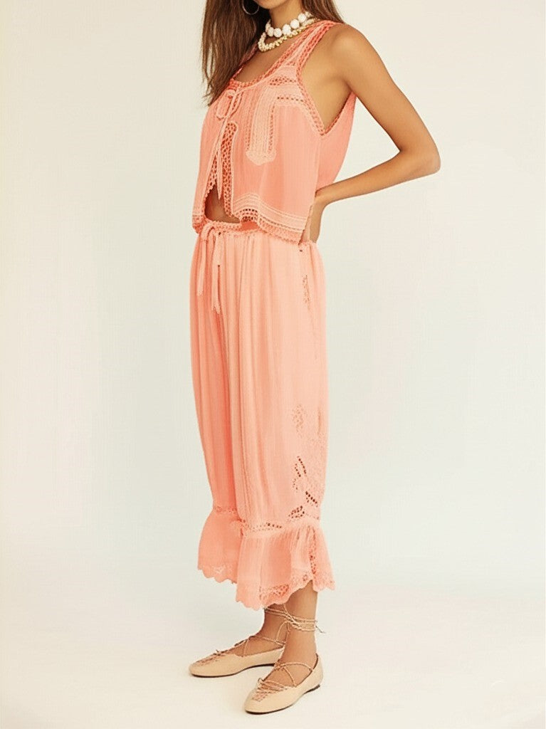 Women's Cotton Lace-Trim Two-Piece Set – Tank Top Wide-Leg Pants