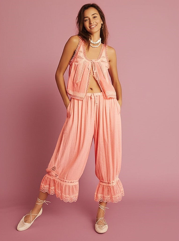 Women's Cotton Lace-Trim Two-Piece Set – Tank Top Wide-Leg Pants
