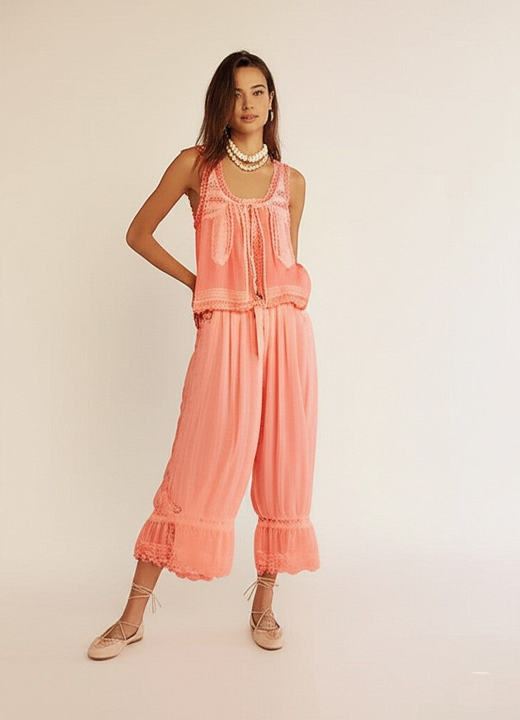 Women's Cotton Lace-Trim Two-Piece Set – Tank Top Wide-Leg Pants