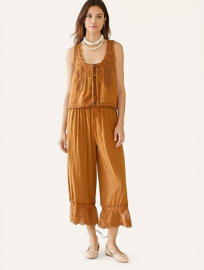 Women's Cotton Lace-Trim Two-Piece Set – Tank Top Wide-Leg Pants
