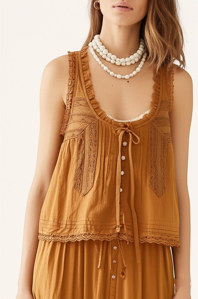Women's Cotton Lace-Trim Two-Piece Set – Tank Top Wide-Leg Pants