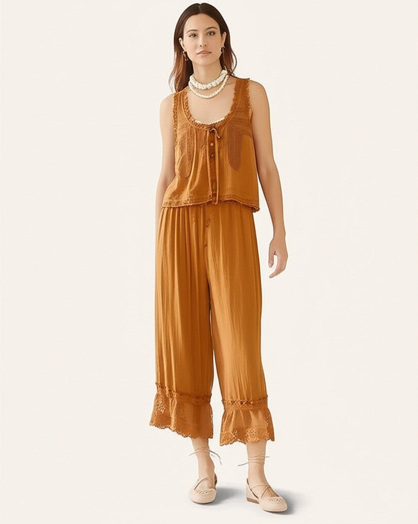 Women's Cotton Lace-Trim Two-Piece Set – Tank Top Wide-Leg Pants