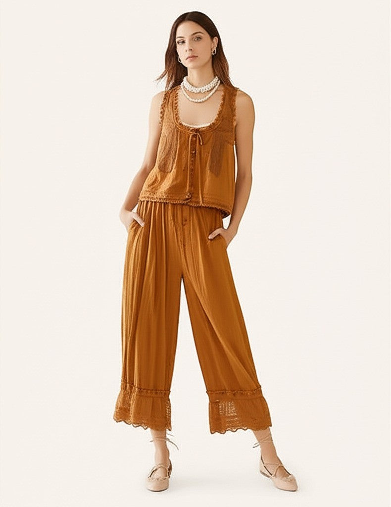 Women's Cotton Lace-Trim Two-Piece Set – Tank Top Wide-Leg Pants
