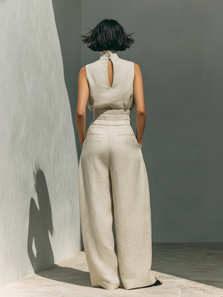 Women's Two Piece Set – Sleeveless Wide-Leg Relaxed Tailored