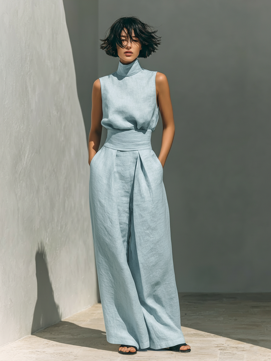 Women's Two Piece Set – Sleeveless Wide-Leg Relaxed Tailored