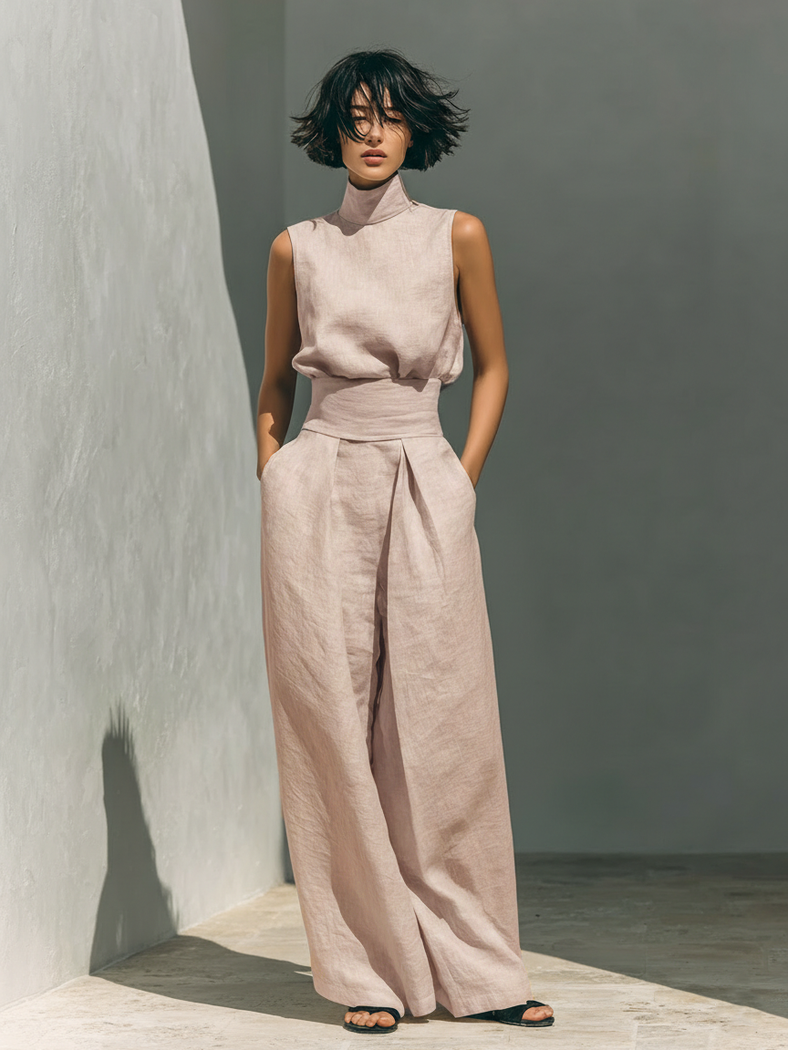 Women's Two Piece Set – Sleeveless Wide-Leg Relaxed Tailored