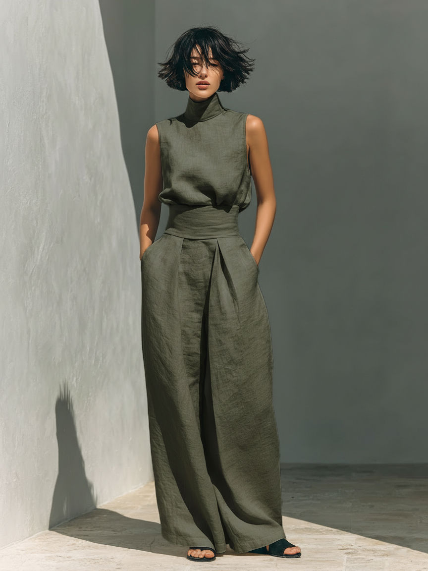 Women's Two Piece Set – Sleeveless Wide-Leg Relaxed Tailored