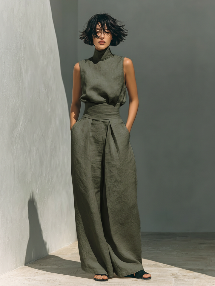 Women's Two Piece Set – Sleeveless Wide-Leg Relaxed Tailored