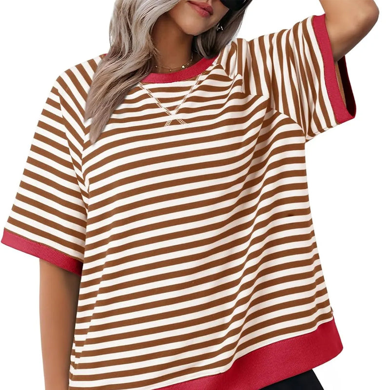 Oversized Striped T-Shirt – Women's Retro Colorblock Crew Neck