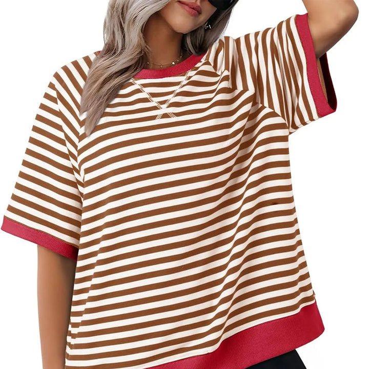 Oversized Striped T-Shirt – Women's Retro Colorblock Crew Neck