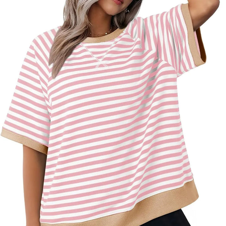 Oversized Striped T-Shirt – Women's Retro Colorblock Crew Neck