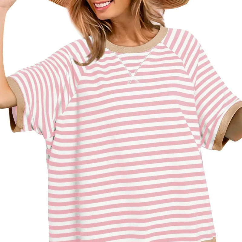 Oversized Striped T-Shirt – Women's Retro Colorblock Crew Neck