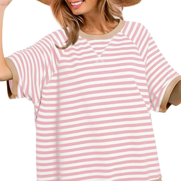 Oversized Striped T-Shirt – Women's Retro Colorblock Crew Neck