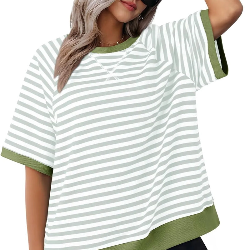 Oversized Striped T-Shirt – Women's Retro Colorblock Crew Neck