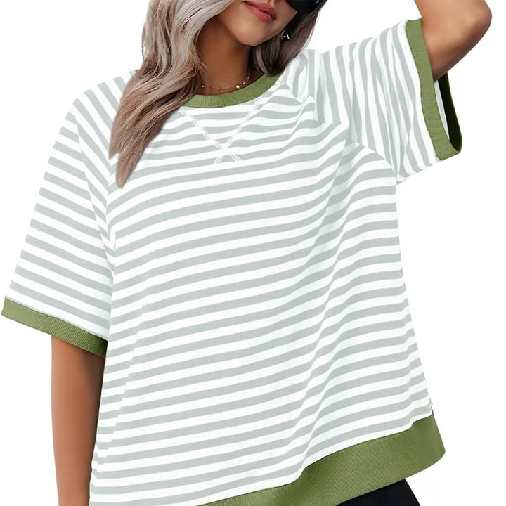 Oversized Striped T-Shirt – Women's Retro Colorblock Crew Neck