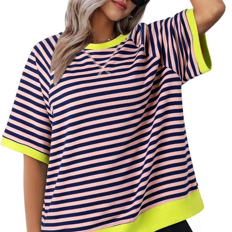 Oversized Striped T-Shirt – Women's Retro Colorblock Crew Neck