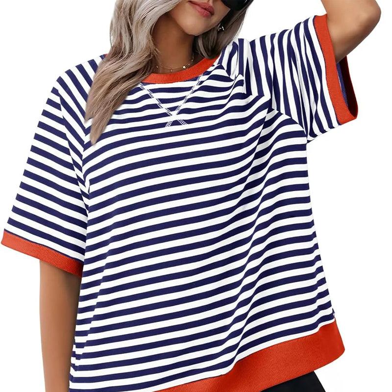 Oversized Striped T-Shirt – Women's Retro Colorblock Crew Neck