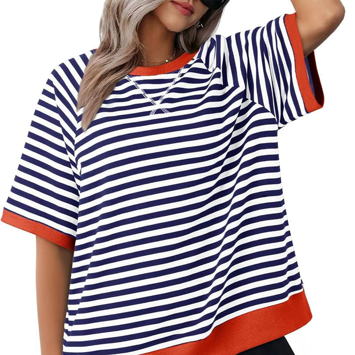 Oversized Striped T-Shirt – Women's Retro Colorblock Crew Neck