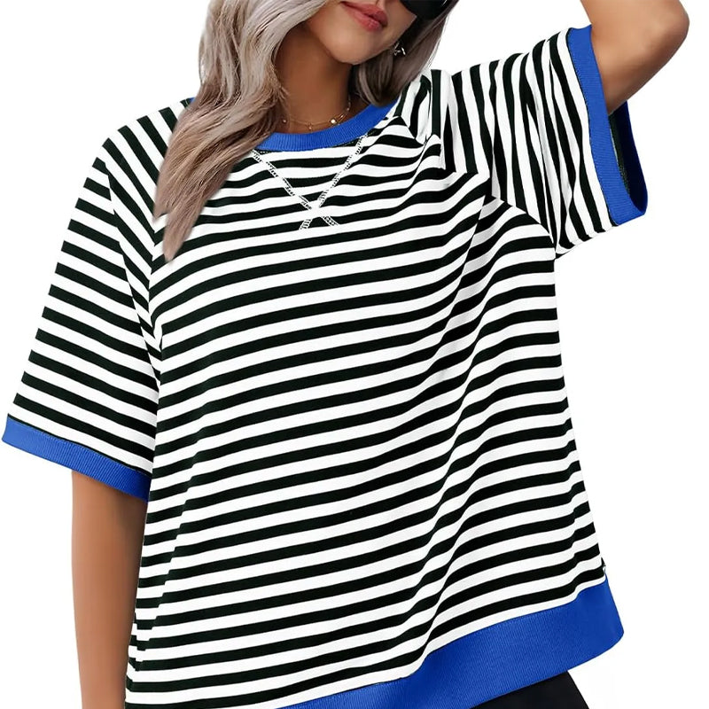 Oversized Striped T-Shirt – Women's Retro Colorblock Crew Neck