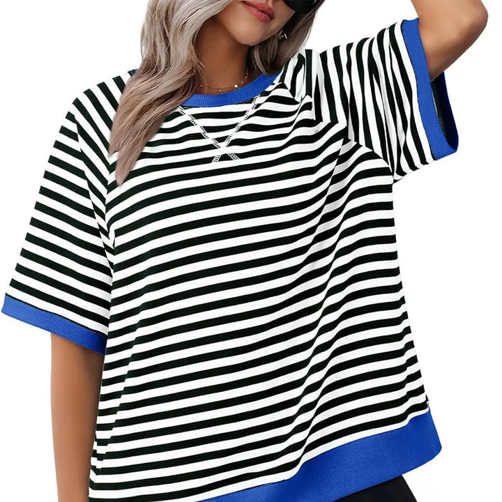 Oversized Striped T-Shirt – Women's Retro Colorblock Crew Neck