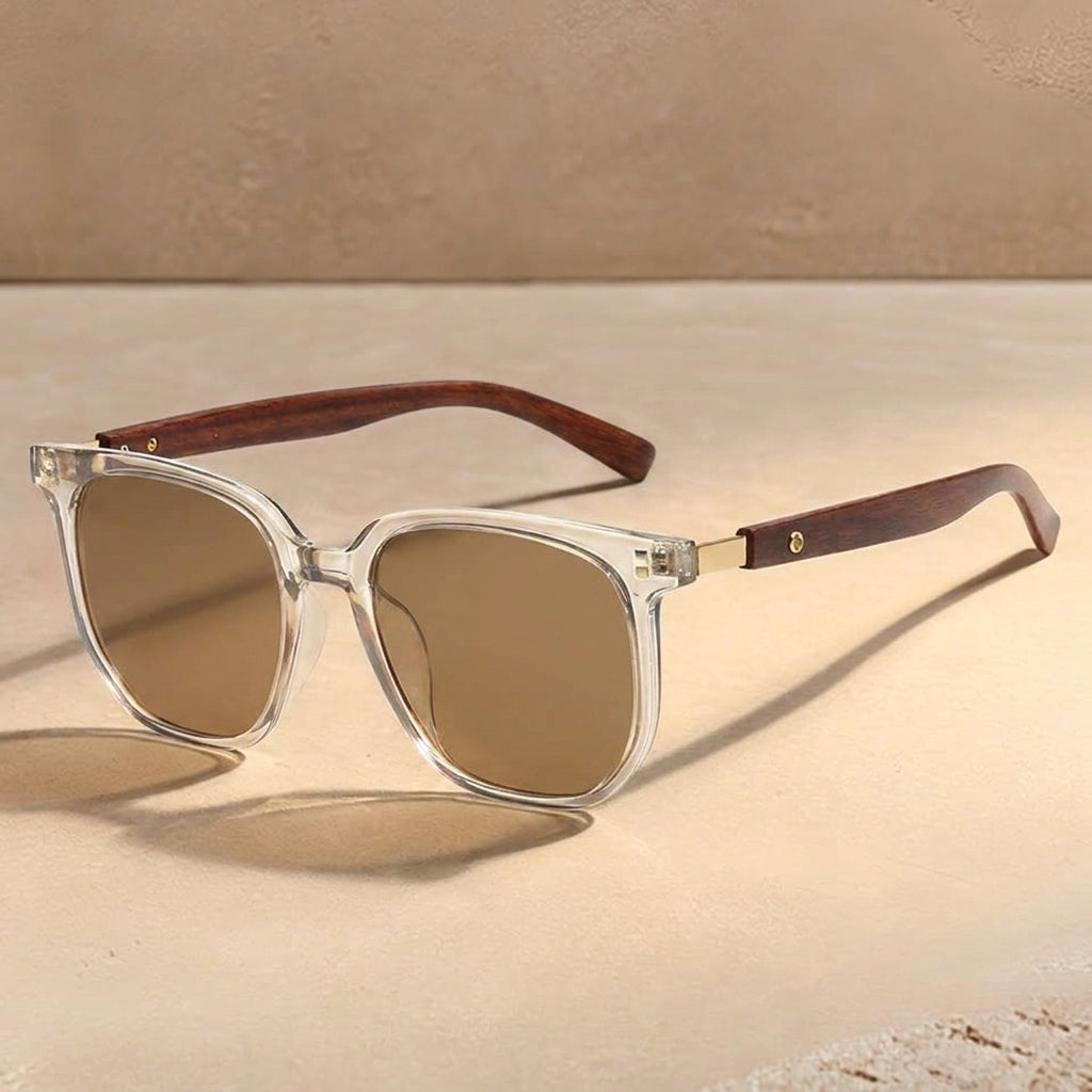 Square Frame Sunglasses Wooden Temple Arms – Photochromic UV400 Lenses