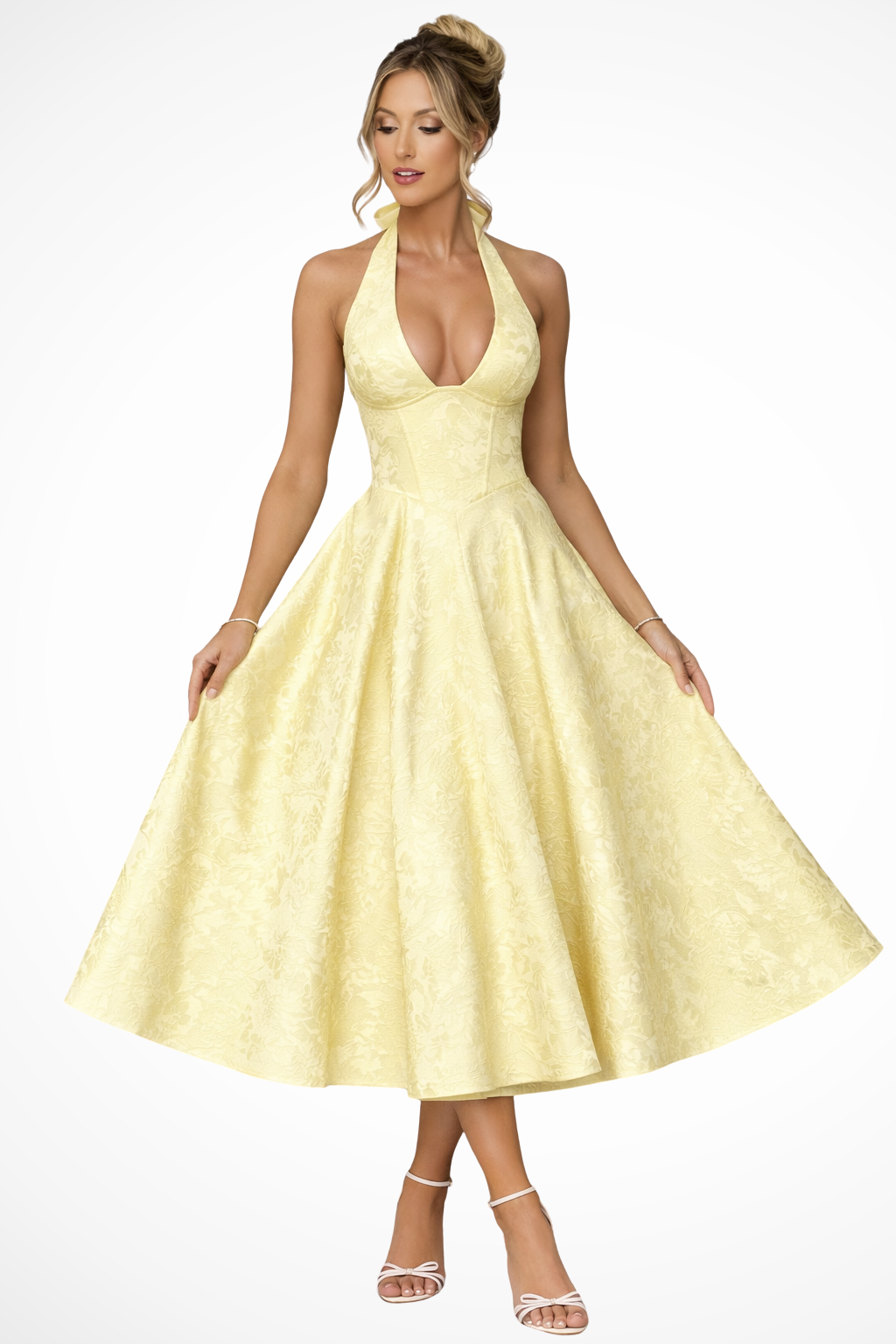 Women's Halter Neck Backless Corset Midi Dress – A-Line Tonal Floral